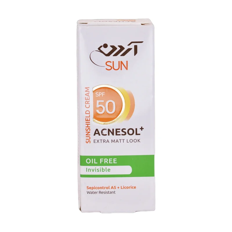 جعبه کرم ضد آفتاب فاقد چربی آکنسل پلاس آردن سان SPF 50 - نمای جلو بسته‌بندی