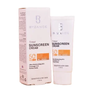 کرم ضدآفتاب رنگی برنزه بیزانس SPF 50+ - نمای جلو تیوب و جعبه