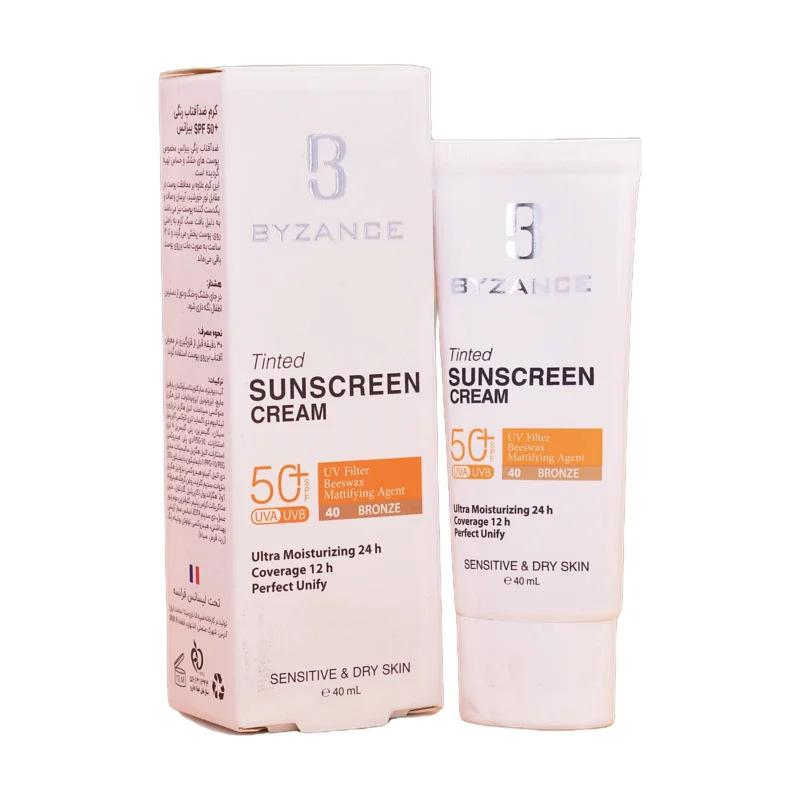 کرم ضدآفتاب رنگی برنزه بیزانس SPF 50+ - نمای جلو تیوب و جعبه