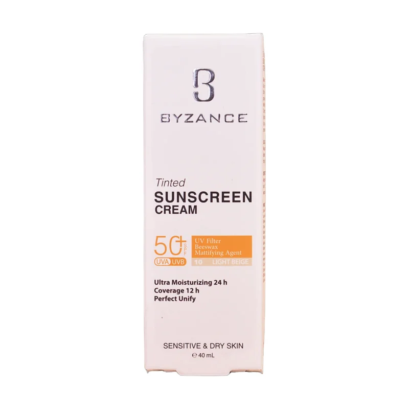 کرم ضدآفتاب رنگی بیزانس SPF 50+ شماره ۱۰ لایت بژ — نمای جلو تیوب و جعبه
