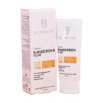 جعبه و تیوب فلوئید ضدآفتاب رنگی بیزانس SPF50 رنگ برنز — نمای کامل محصول و بسته‌بندی