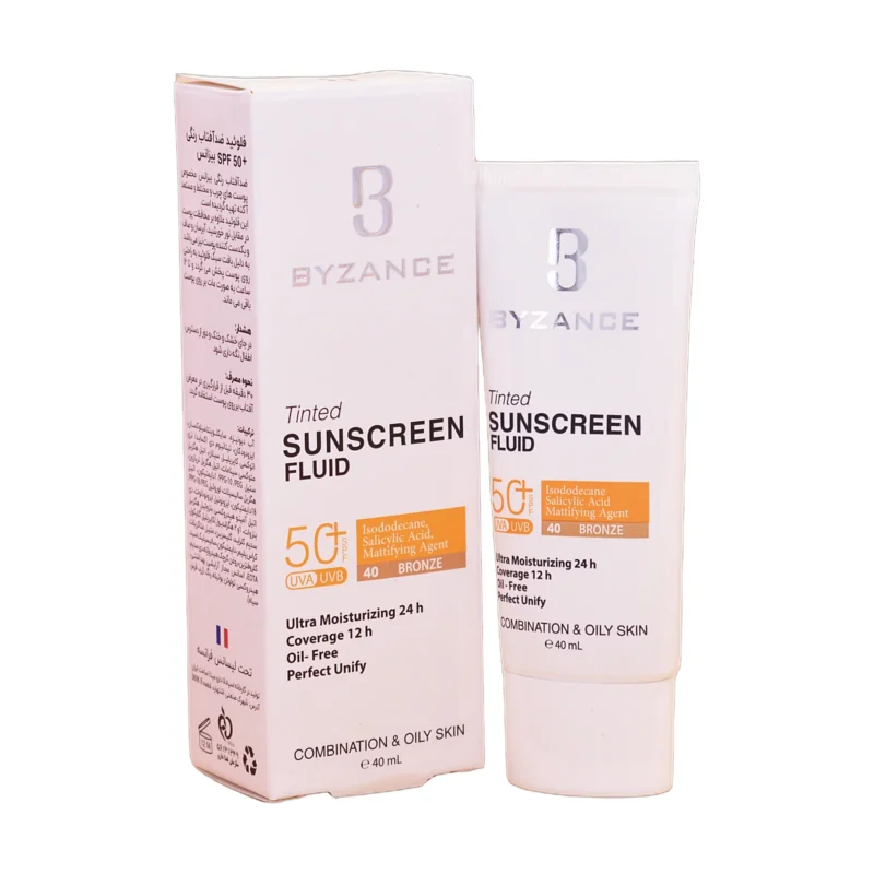 جعبه و تیوب فلوئید ضدآفتاب رنگی بیزانس SPF50 رنگ برنز — نمای کامل محصول و بسته‌بندی