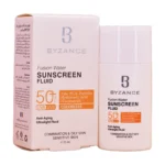 بطری و جعبه فلوئید ضدآفتاب بی‌رنگ بیزانس SPF50 - نمای کامل محصول و بسته‌بندی