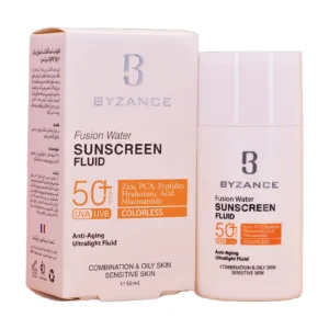 بطری و جعبه فلوئید ضدآفتاب بی‌رنگ بیزانس SPF50 - نمای کامل محصول و بسته‌بندی