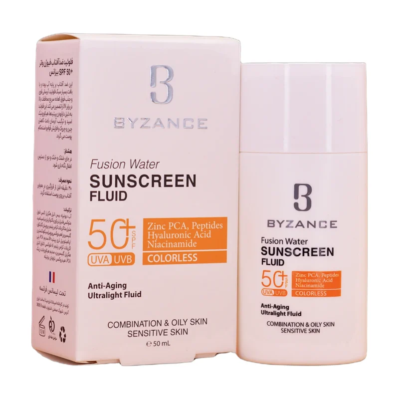 بطری و جعبه فلوئید ضدآفتاب بی‌رنگ بیزانس SPF50 - نمای کامل محصول و بسته‌بندی