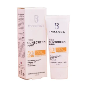 تیوب و جعبه فلوئید ضد آفتاب رنگی بیزانس شماره ۱۰ لایت بژ SPF50+ در کنار یکدیگر