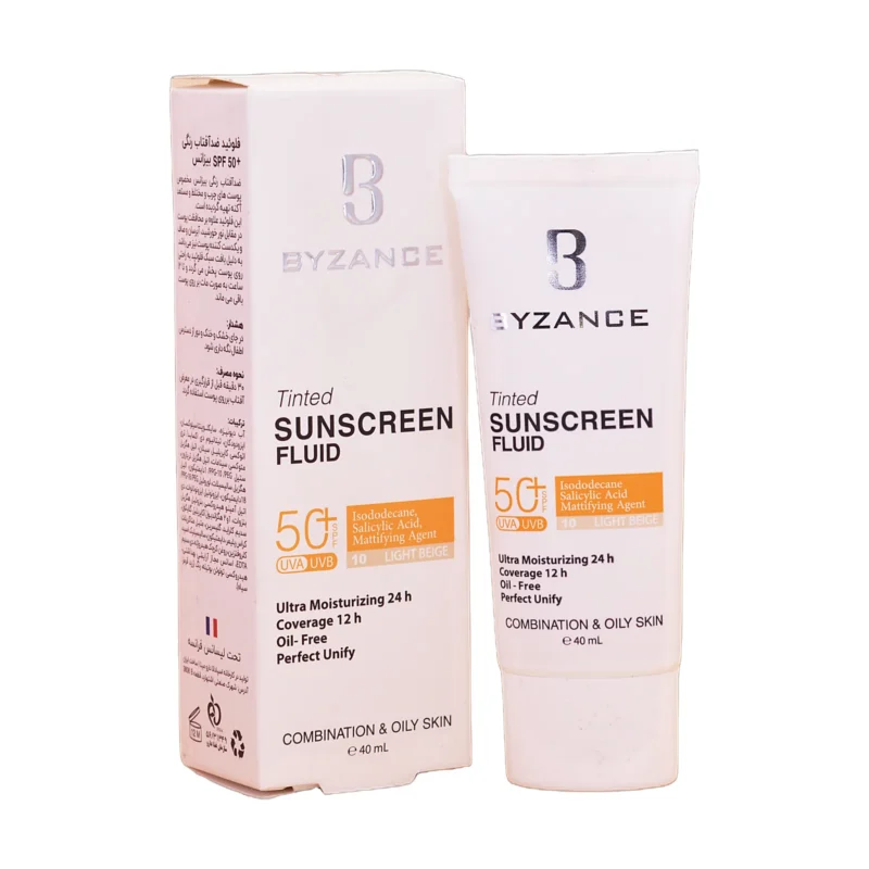 تیوب و جعبه فلوئید ضد آفتاب رنگی بیزانس شماره ۱۰ لایت بژ SPF50+ در کنار یکدیگر