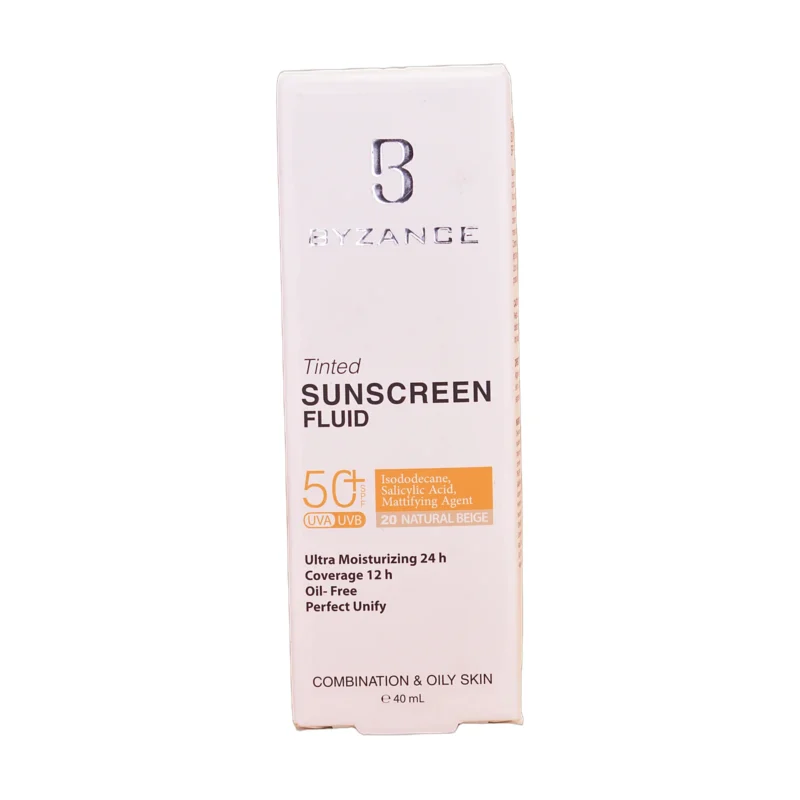 فلوئید ضدآفتاب رنگی بیزانس SPF50 شید بژ طبیعی - نمای جلو تیوب