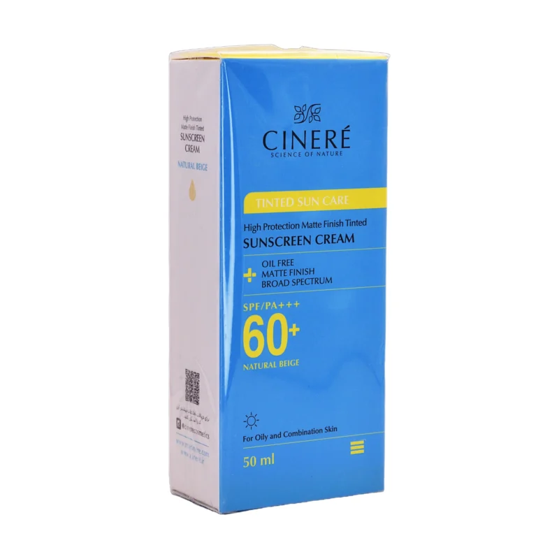 کرم ضد آفتاب رنگی سینره SPF 60+ شید بژ طبیعی مناسب پوست چرب - نمای جلو بسته‌بندی