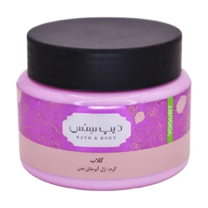 کاسه کرم ژل آبرسان بدن گلاب دیپ سنس - نمای جلو بسته‌بندی فارسی