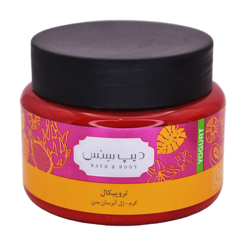 کرم ژل آبرسان بدن دیپ سنس با رایحه تروپیکال - نمای جلو بسته‌بندی فارسی