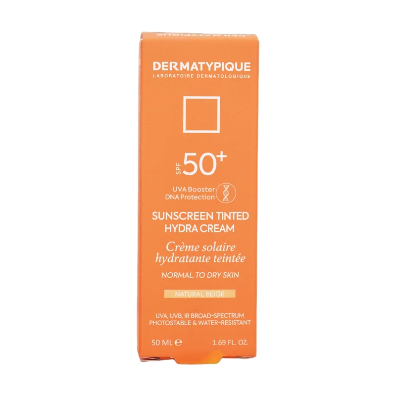 جعبه کرم ضد آفتاب رنگی SPF50+ بژ طبیعی درماتیپیک مخصوص پوست خشک - نمای جلو