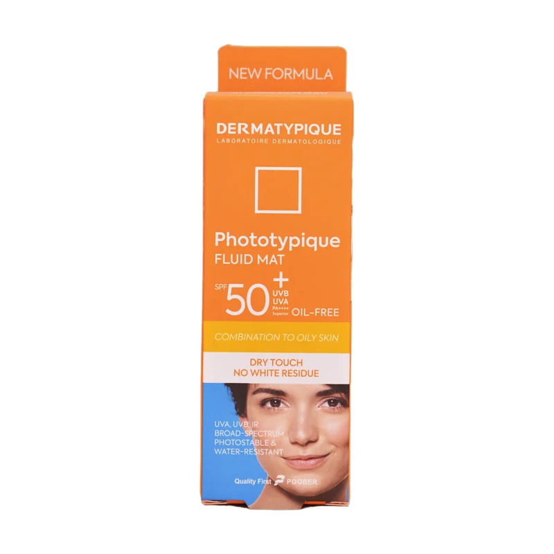 جعبه فلوئید ضد آفتاب بی‌رنگ پوست چرب مات کننده درماتیپیک با SPF 50+ - نمای جلو