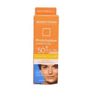 بسته‌بندی فلوئید ضد آفتاب رنگی پوست چرب SPF50+ رنگ روشن درماتیپیک - نمای جلو جعبه