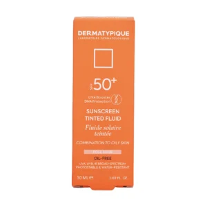 بسته‌بندی فلوئید ضد آفتاب رنگی پوست چرب SPF50+ رز بژ درماتیپیک - نمای جلو جعبه