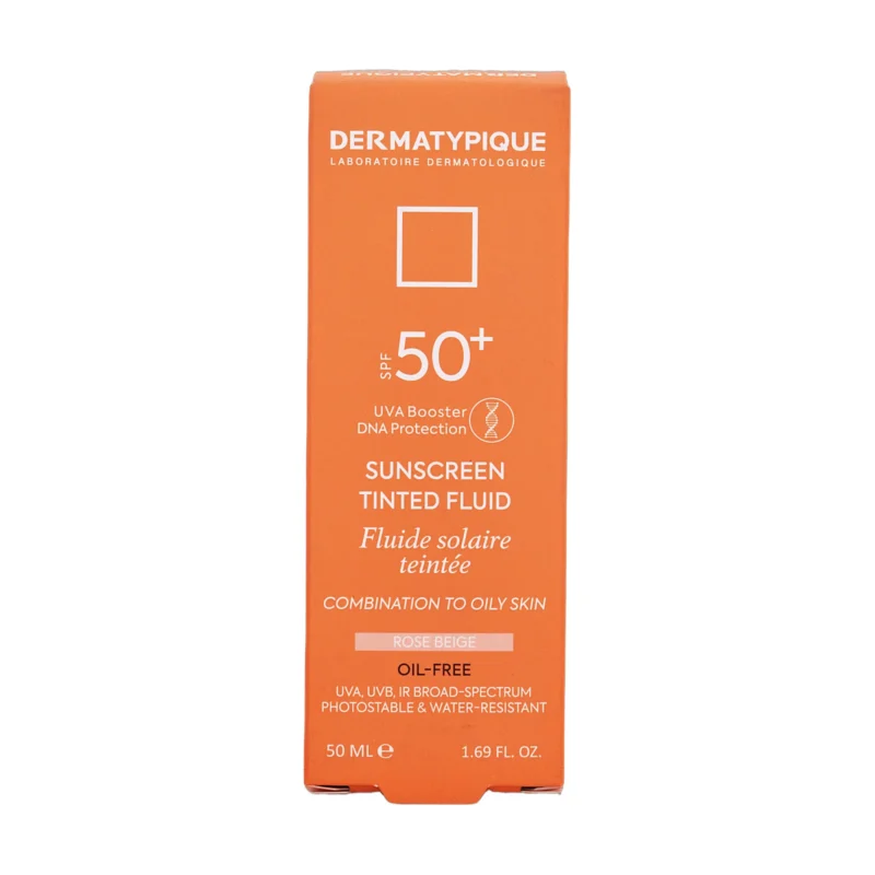 بسته‌بندی فلوئید ضد آفتاب رنگی پوست چرب SPF50+ رز بژ درماتیپیک - نمای جلو جعبه