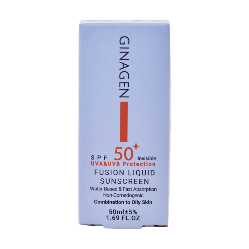 جعبه کرم ضد آفتاب بی‌رنگ SPF50+ ژیناژن مناسب پوست چرب و مختلط - نمای جلو