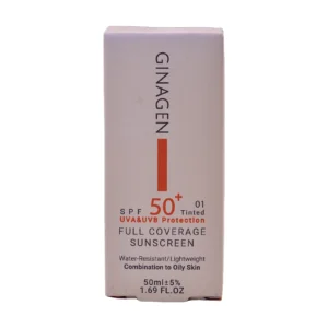 کرم ضد آفتاب رنگی SPF50+ شماره ۰۱ ژیناژن مخصوص پوست چرب و مختلط - نمای جلو بسته‌بندی