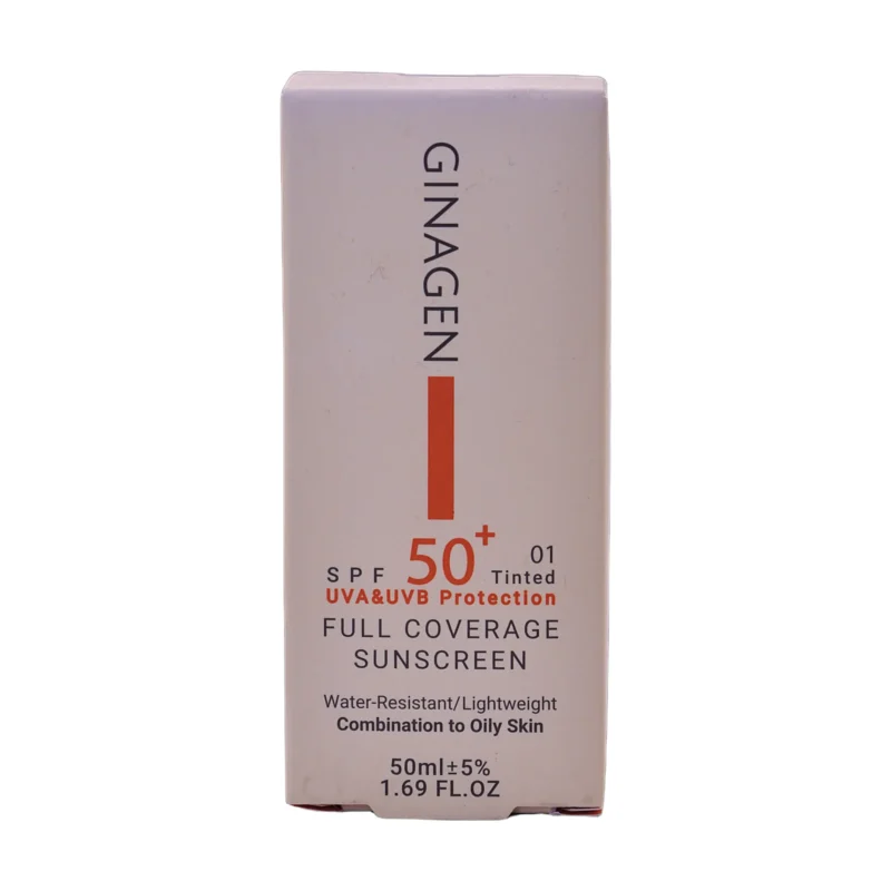 کرم ضد آفتاب رنگی SPF50+ شماره ۰۱ ژیناژن مخصوص پوست چرب و مختلط - نمای جلو بسته‌بندی