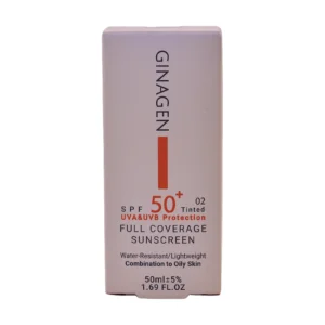 کرم ضد آفتاب رنگی ژیناژن SPF50+ شماره ۰۲ مناسب پوست چرب - نمای جلو بسته‌بندی