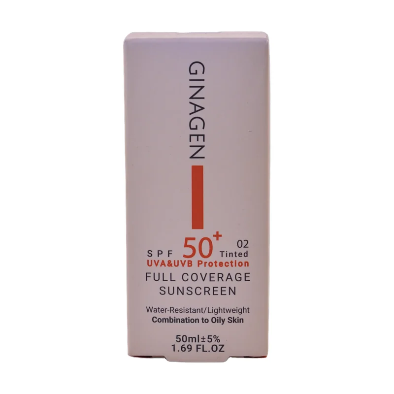 کرم ضد آفتاب رنگی ژیناژن SPF50+ شماره ۰۲ مناسب پوست چرب - نمای جلو بسته‌بندی