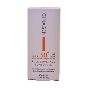 کرم ضد آفتاب رنگی ژیناژن SPF50+ شماره ۰۳ مخصوص پوست چرب - نمای جلو بسته‌بندی