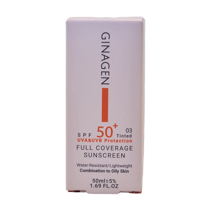 کرم ضد آفتاب رنگی ژیناژن SPF50+ شماره ۰۳ مخصوص پوست چرب - نمای جلو بسته‌بندی