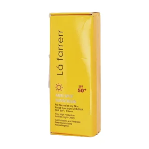 کرم ضد آفتاب و ضد لک بی‌رنگ لافارر SPF50+ مخصوص پوست خشک و معمولی - نمای جلو بسته‌بندی