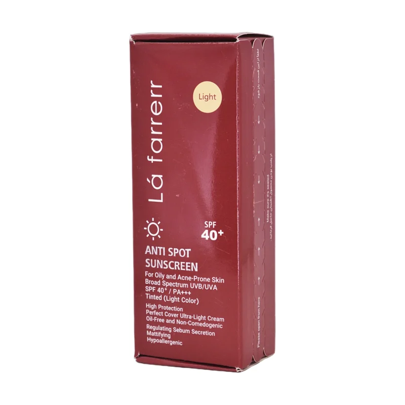 تیوب کرم ضد آفتاب و ضد لک رنگی روشن لافارر مخصوص پوست چرب با SPF40+ - نمای جلو بسته‌بندی