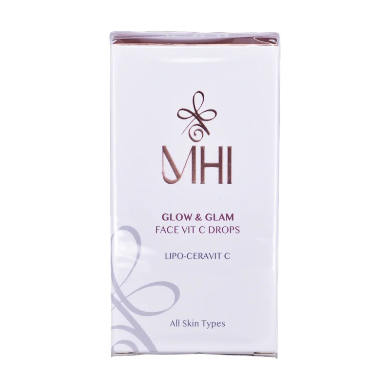جعبه سرم روشن کننده ویتامین سی ام اچ آی سری Glow & Glam با عنوان Face Vit C Drops - نمای جلو بسته‌بندی