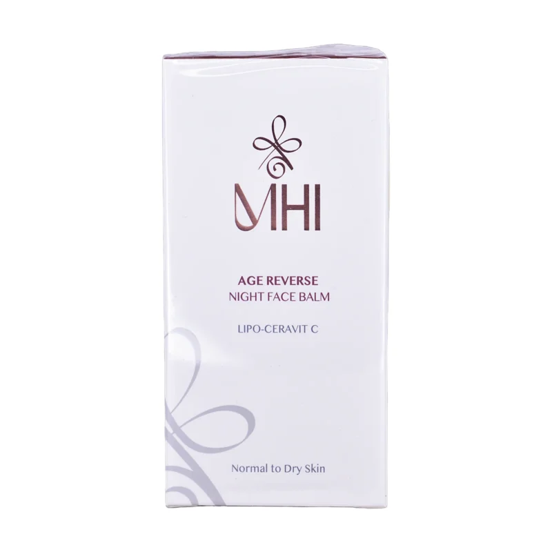 جعبه بالم شب سفت کننده صورت ام اچ آی با عنوان Age Reverse Night Face Balm و کمپلکس Lipo-Ceravit C - نمای جلو بسته‌بندی