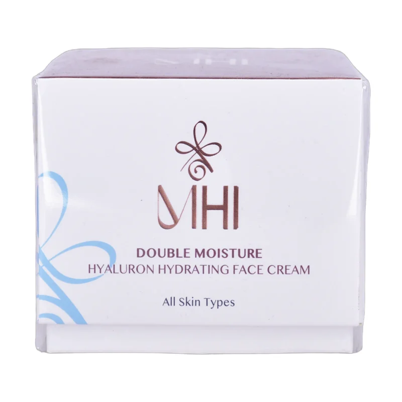 جعبه کرم آبرسان هیالورون ام اچ آی با عنوان Double Moisture Hyaluron برای انواع پوست - نمای جلو بسته‌بندی