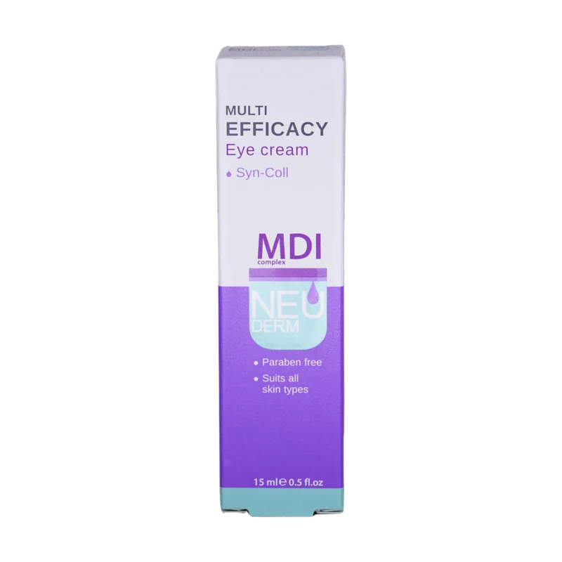 جعبه کرم دور چشم مولتی افیکسی نئودرم ۱۵ میلی‌لیتری - نمای جلو با نشان Syn-Coll و MDI complex