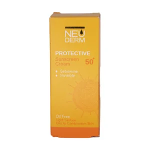 جعبه زرد و نارنجی کرم ضد آفتاب بی رنگ فاقد چربی نئودرم SPF50+ برای پوست چرب و مختلط - نمای جلو