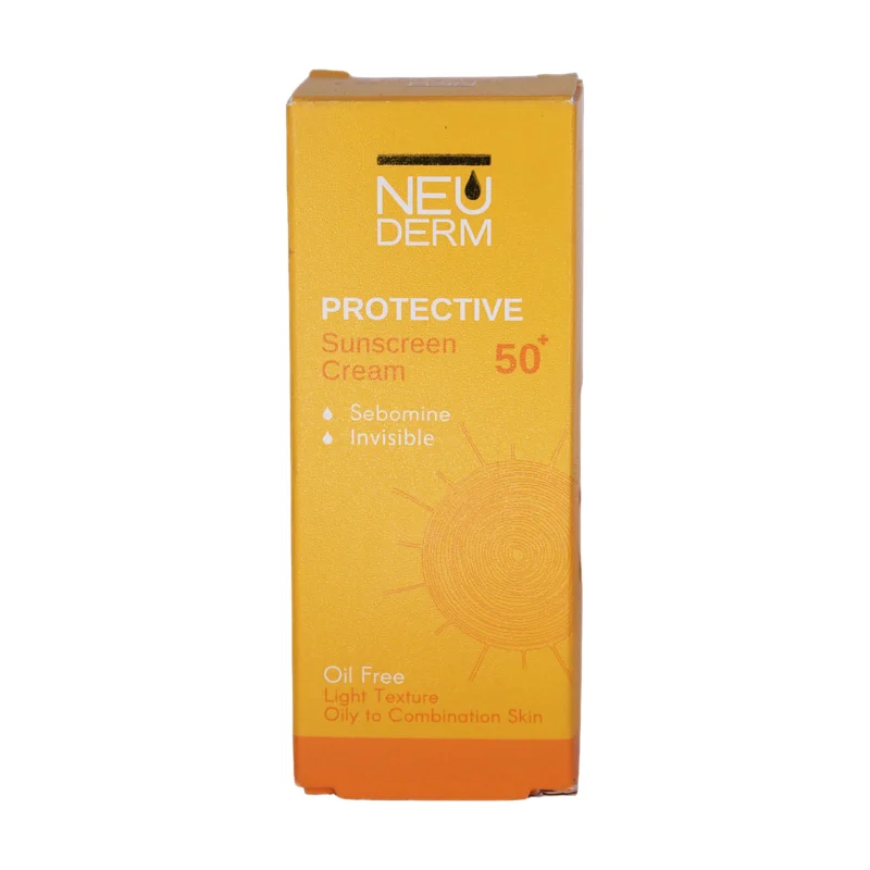 جعبه زرد و نارنجی کرم ضد آفتاب بی رنگ فاقد چربی نئودرم SPF50+ برای پوست چرب و مختلط - نمای جلو