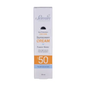 جعبه کرم ضد آفتاب فیوژن واتر SPF 50 ثمین - نمای جلو بسته‌بندی
