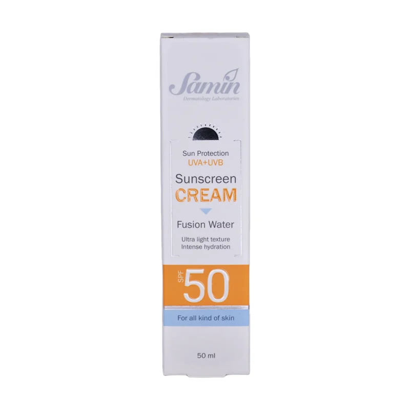 جعبه کرم ضد آفتاب فیوژن واتر SPF 50 ثمین - نمای جلو بسته‌بندی
